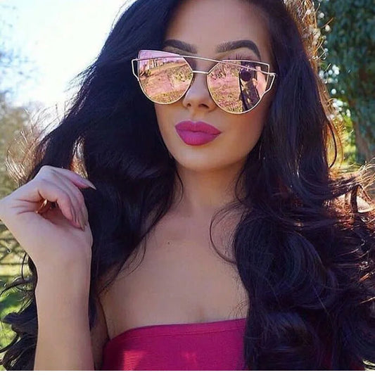 Vintage Cat Eye Sunglasses Rose Gold Mirror Woman'S Sunglasses Metal Reflective Flat Lens Tourism Sunglasses Multi-Color Gafas